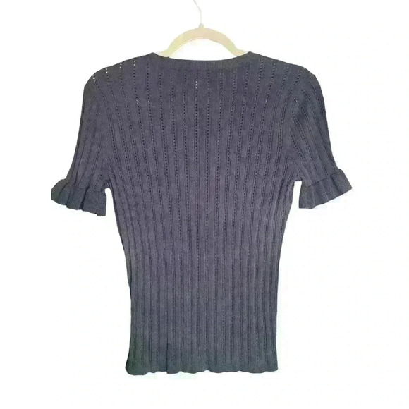 Pearl by LELA ROSE Short Sleeve Pointelle Knit Top Perforated Blue Size M - Picture 6 of 8